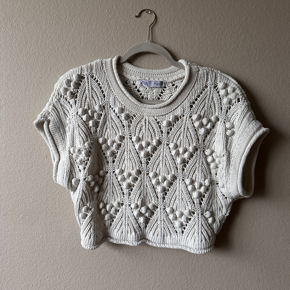 ZARA White Knit Short Sleeve Sweater